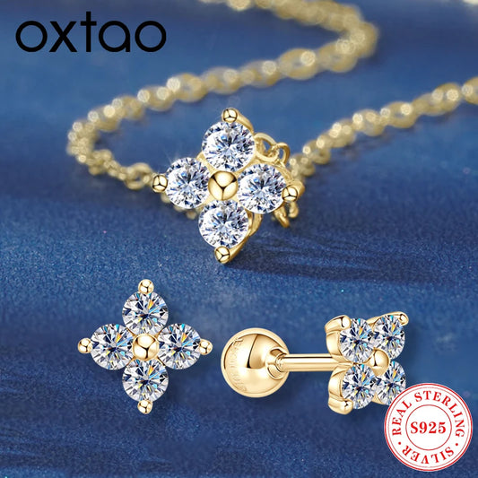 OXTAO Pure 10K Gold Moissanite Jewelry Set GRA Certified Clover Flower Pendant Necklace Mini Cute Earring Wedding Jewelry Gifts