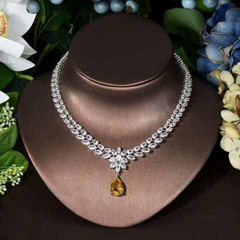 HIBRIDE Elegant Women Wedding Jewellery African CZ Crystal Water Drop Bridal Necklace Bracelet And Earrings Jewelry Sets N-789