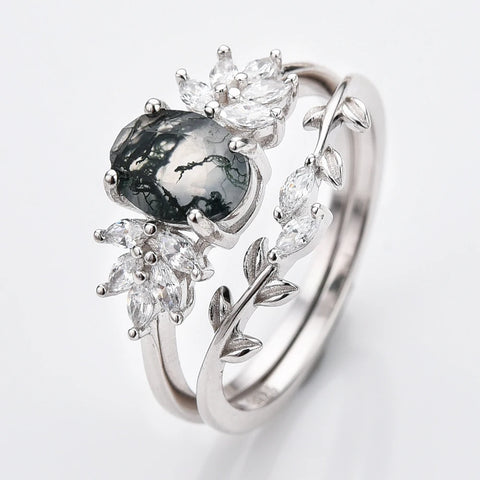 Oval Shaped Natural Moss Agate Engagement Ring