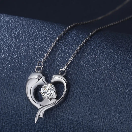 S925 Sterling Silver Dolphin Shape Moissanite Necklace,Animal Theme Heart Shape Elegant Neck Chain,Valentine's Day Birthday Gift