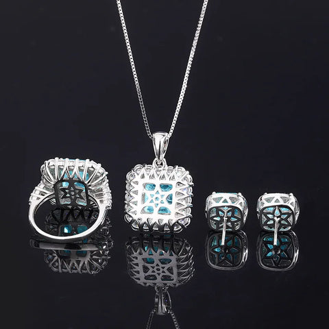 Sparkling Cubic Zirconia Paraiba Tourmaline 925 Sterling Silver Jewelry Set Pendant Necklace Ring Earrings For Women Gift Girl