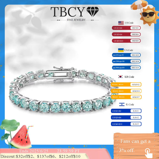 TBCYD 100% Real Blue Moissanite Tennis Bracelet