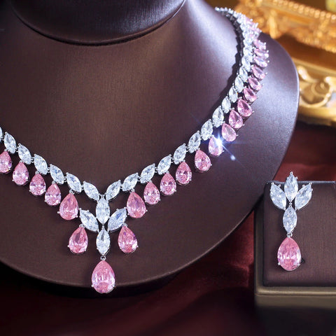 ThreeGraces Elegant Brilliant Pink Water Drop Zirconia Luxury Wedding Bridal Evening Party Jewelry Set for Women T1044