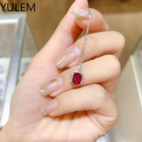 YULEM Natural Ruby Pendant Necklace for Women Lady Girl 925 Sterling Silver Natural Gemstone Gift