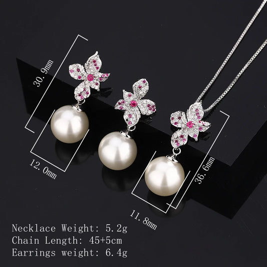 Elegant Flower White Pearl Cubic Zirconia Earrings Sparkling Necklace with Pink Crystal Ideal Wedding Dresses Accessories Gift