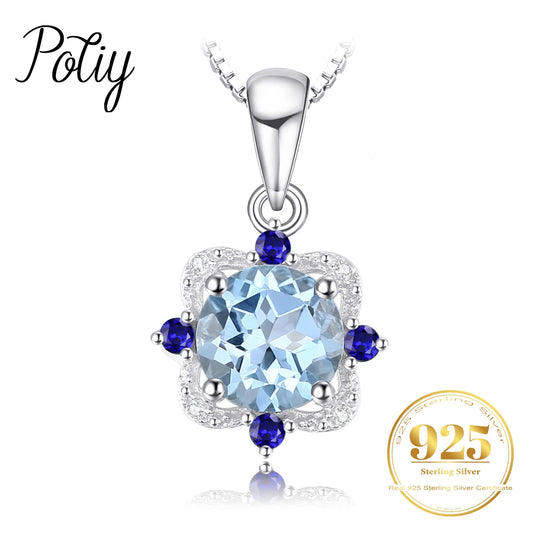 Potiy 925 sterling silver Natural Sky Blue Topa Pendant for women jewellery elegant sets  retro luxury quality  valentines Gifts