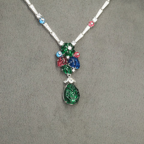 KQDANCE  Luxury Solid 925 Silver Gold Plated Synthetic Gemstone High Carbon Diamond Colorful Flower Green Leaf Fruit Necklace