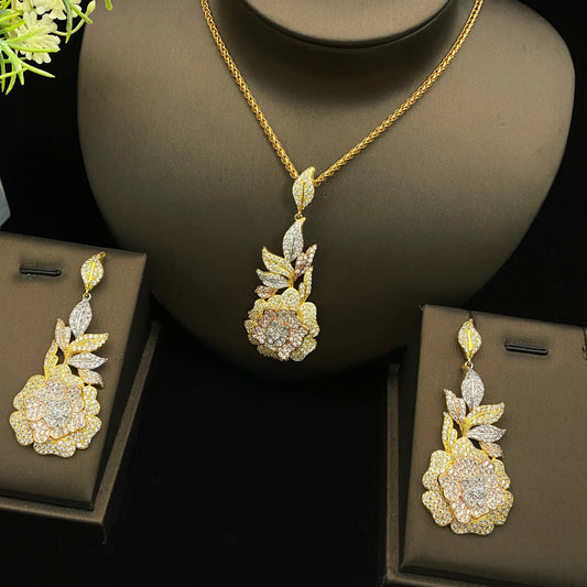 JRH Elegant Floral 2PC Jewellery Woman Set Gold Plated Zircon Flower Pendant Necklace Earrings Party Accessories Free Gift Box