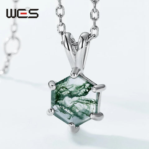 WES 925 Sterling Silver Hexagon Natural Moss Agate Pendant Necklace for Woman 7*7mm Rhodium Plated Engagement Gift Wholesale