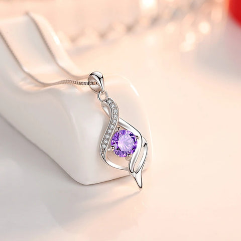 925 Sterling Silver Fashion Petal Water Drop Zircon Pendant Necklaces Women Jewelry Fine Birthday Gift Purple Rhinestone Choker