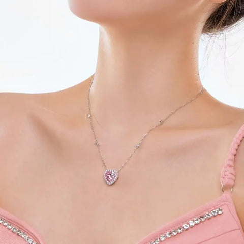 Genuine S925 Sterling Silver 10mm Heart Cubic Zirconia Pendant Necklace Adjustable Chain Jewelry Gift for Women Valentines Day