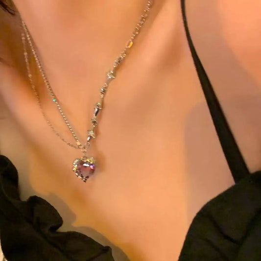 Y2K Accessories Fashion Peach Heart Water Drop Pendant Necklace Purple Crystal Egirl Sweet Cool Clavicle Chain Aesthetic Jewelry