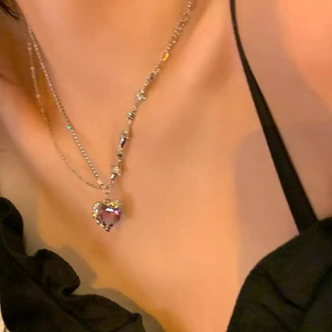 Y2K Accessories Fashion Peach Heart Water Drop Pendant Necklace Purple Crystal Egirl Sweet Cool Clavicle Chain Aesthetic Jewelry
