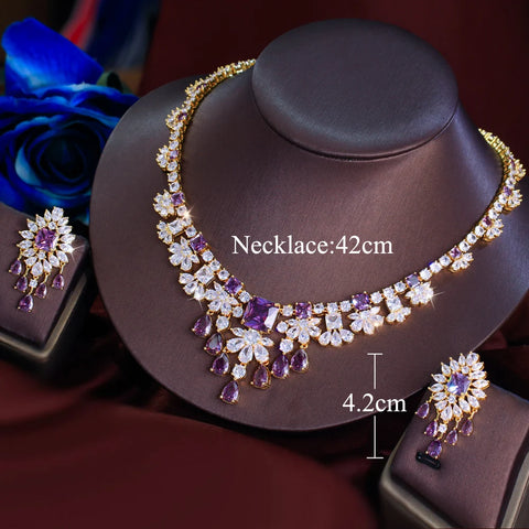 ThreeGraces Gorgeous Shiny Purple Square Zirconia Luxury Water Drop Bridal Wedding Evening Party Jewelry Set for Women T1058