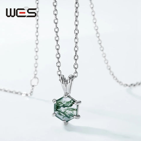 WES 925 Sterling Silver Hexagon Natural Moss Agate Pendant Necklace for Woman 7*7mm Rhodium Plated Engagement Gift Wholesale