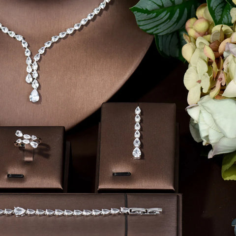 HIBRIDE Simple CZ Ladies Jewelry Sets Water Drop Cubic Zirconia Crystal Tassel Earrings and Necklace Set for Women Gifts N-1149