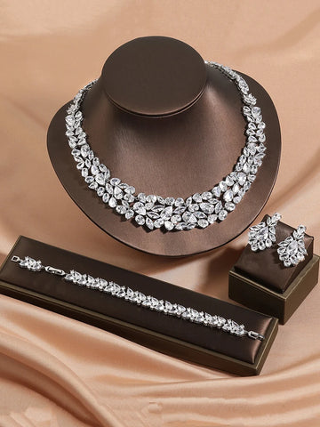 ZAKOL Brand Luxury White Dubai Nigeria Jewelry Set for Women CZ Zirconia Earrings Necklace Sets Bridal Wedding Dress