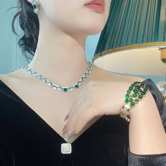 Designer Collection Style Necklace Earrings Women Lady Inlay Cubic Zircon Synthetic Emerald Pendant Dinner Party Jewelry Sets