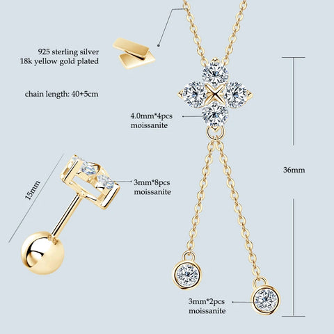 Four Leaf Clover Moissanite Jewelry Sets 925 Silver Long Tassel Pendant Necklace Stud Earrings Christmas New Year Gift for Women