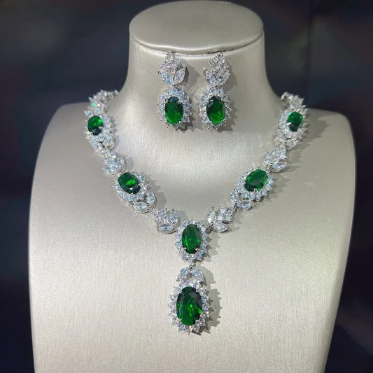Fashion Luxury Emeralds Jewelry Set for Women Cubic Zirconia CZ Stone Earrings Necklace Sets Arabic Bridal Wedding Party Jewelry
