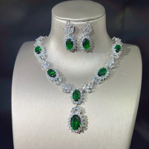 Fashion Luxury Emeralds Jewelry Set for Women Cubic Zirconia CZ Stone Earrings Necklace Sets Arabic Bridal Wedding Party Jewelry