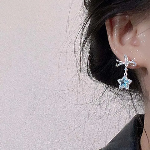 Kpop Y2K Blue Crystal Star Pendant Earrings