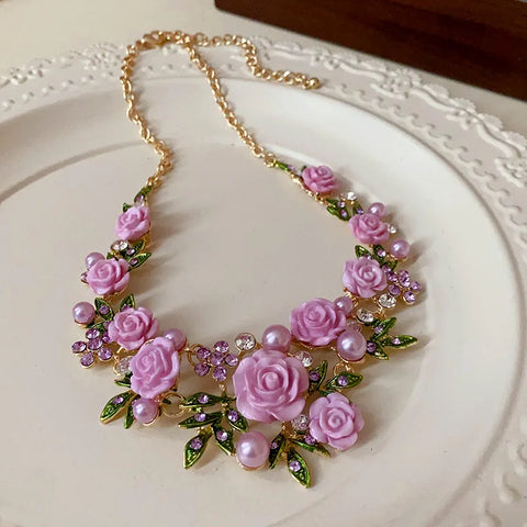 Flower Inlaid Crystal Pearl Necklace Earrings