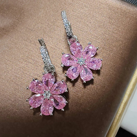 Pink Flower Sparkling Zircon S925 Silver Drop Earrings
