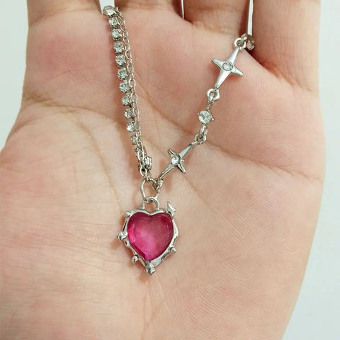 Y2K Pink Crystal Heart Pendant Necklace Women Sweet Cool Girl Punk Clavicle Chain Fashion Aesthetic Necklace Jewelry Gift 2024